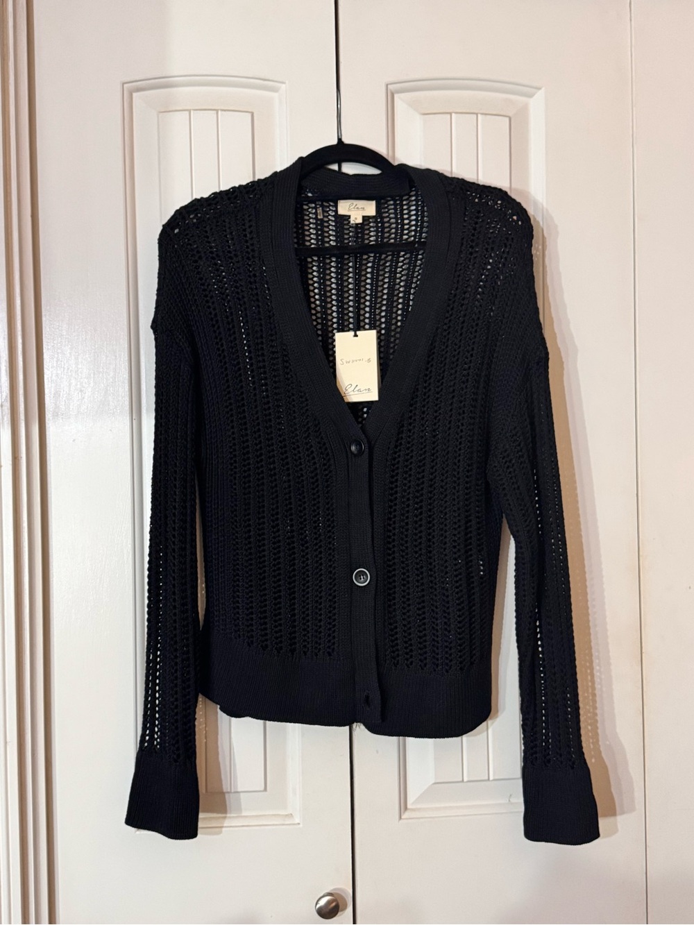 Elan Black Open-Knit Button Front Cardigan